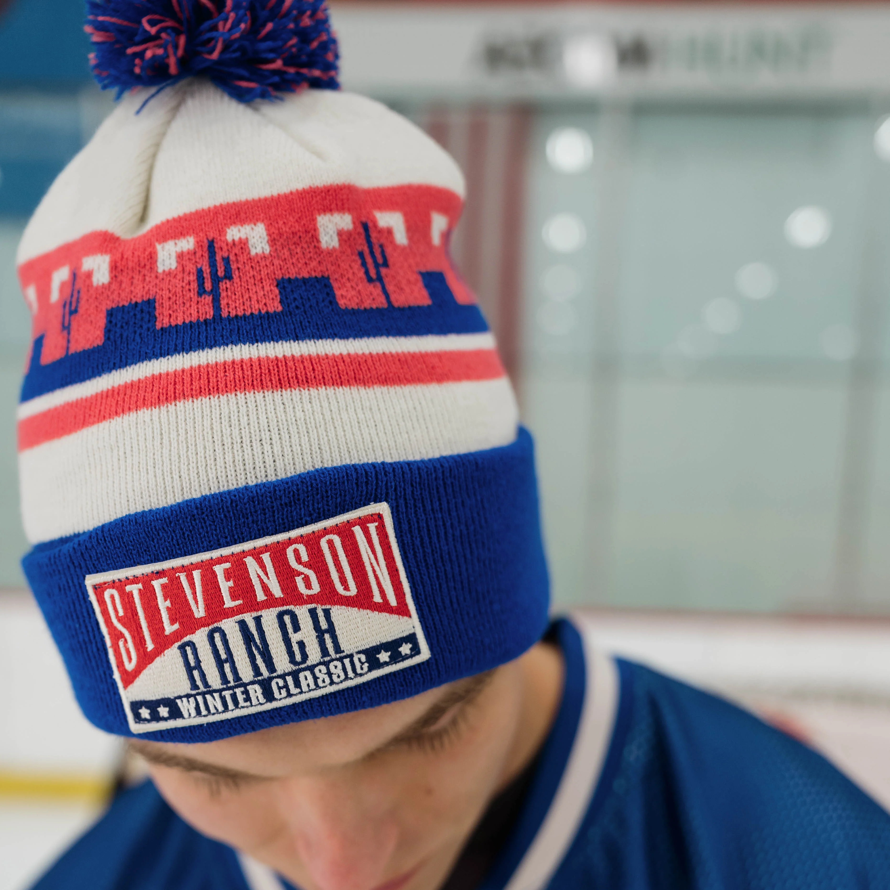 Winter Classic Knit Pom Beanie (Cream/Blue/Red) - Image 5