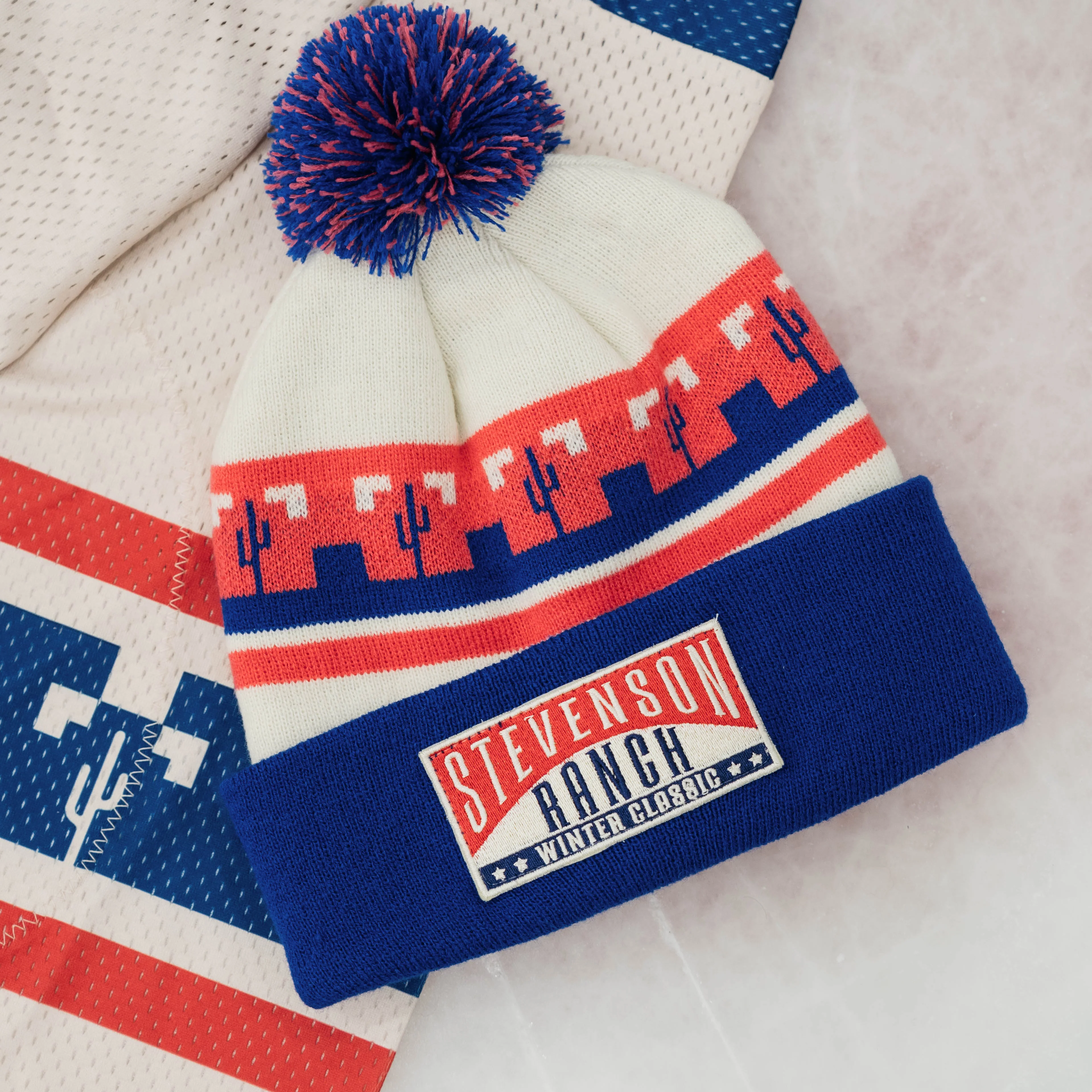 Winter Classic Knit Pom Beanie (Cream/Blue/Red) - Image 6